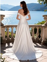 Luxury Satin Off-Shoulder Wedding Dress with Draped Bodice & Asymmetrical Skirt