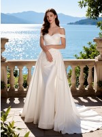 Luxury Satin Off-Shoulder Wedding Dress with Draped Bodice & Asymmetrical Skirt