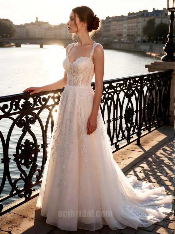 Beaded A-Line Wedding Dress with Square Neckline & All-over Sequin Embroidery