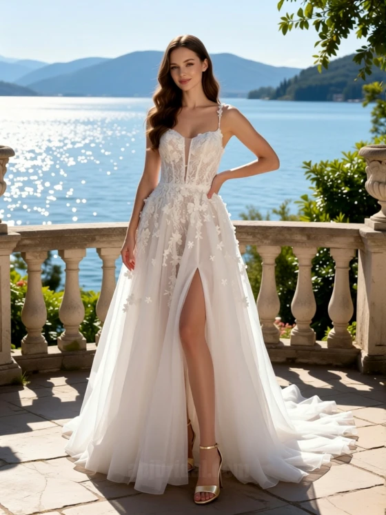 Romantic 3D Floral A-Line Wedding Dress with Sweetheart Neckline, Spaghetti Straps & High Slit Tulle Skirt