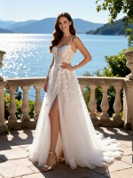 Romantic 3D Floral A-Line Wedding Dress with Sweetheart Neckline, Spaghetti Straps & High Slit Tulle Skirt