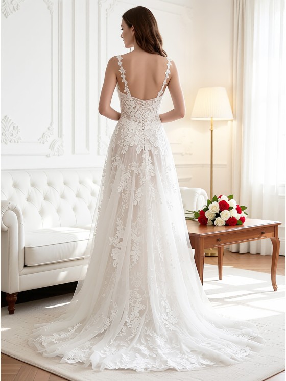 APJbridal Custom Boho V-Neck A-Line Long Wedding Dress with Lace-up Back & Chantilly Lace
