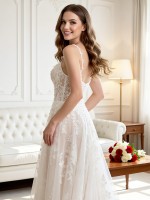 APJbridal Custom Boho V-Neck A-Line Long Wedding Dress with Lace-up Back & Chantilly Lace