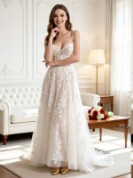 APJbridal Custom Boho V-Neck A-Line Long Wedding Dress with Lace-up Back & Chantilly Lace