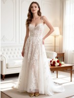 APJbridal Custom Boho V-Neck A-Line Long Wedding Dress with Lace-up Back & Chantilly Lace