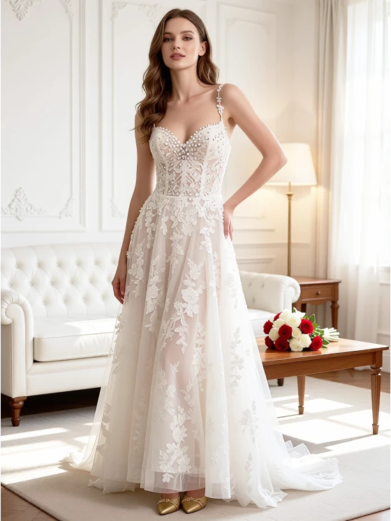 Custom Boho V-Neck A-Line Long Wedding Dress with Lace-up Back & Chantilly Lace