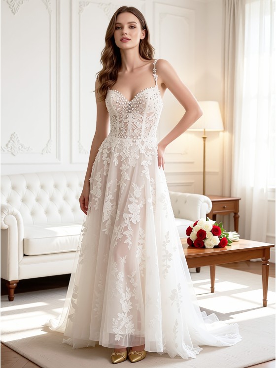 APJbridal Custom Boho V-Neck A-Line Long Wedding Dress with Lace-up Back & Chantilly Lace