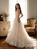 APJbridal Custom Romantic Deep V-Neck Lace A-Line Wedding Dress with Tiered Tulle Skirt & Cathedral Train