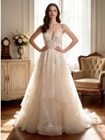 APJbridal Custom Romantic Deep V-Neck Lace A-Line Wedding Dress with Tiered Tulle Skirt & Cathedral Train