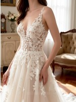 APJbridal Custom Romantic Deep V-Neck Lace A-Line Wedding Dress with Tiered Tulle Skirt & Cathedral Train