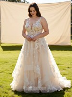 APJbridal Custom Romantic Deep V-Neck Lace A-Line Wedding Dress with Tiered Tulle Skirt & Cathedral Train