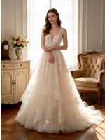 APJbridal Custom Romantic Deep V-Neck Lace A-Line Wedding Dress with Tiered Tulle Skirt & Cathedral Train