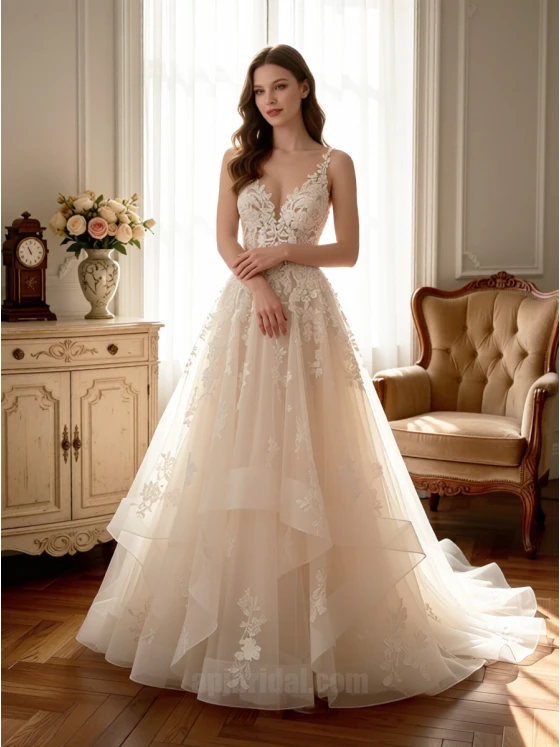 Custom Romantic Deep V-Neck Lace A-Line Wedding Dress with Tiered Tulle Skirt & Cathedral Train