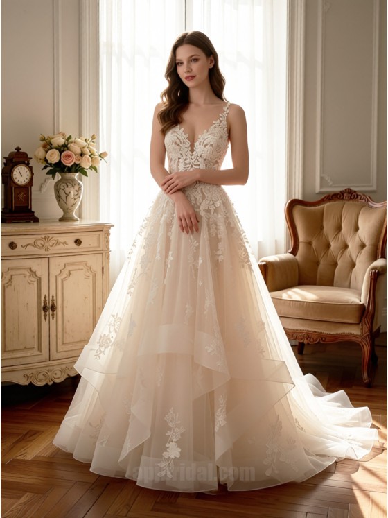 APJbridal Custom Romantic Deep V-Neck Lace A-Line Wedding Dress with Tiered Tulle Skirt & Cathedral Train