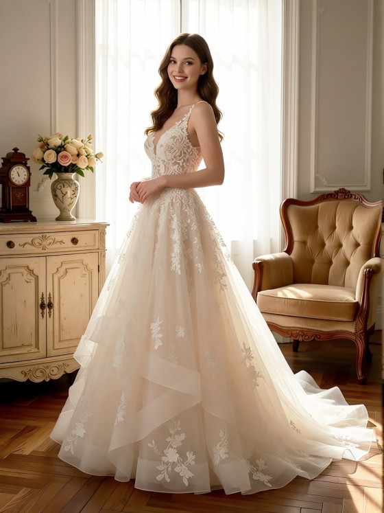 APJbridal Custom Romantic Deep V-Neck Lace A-Line Wedding Dress with Tiered Tulle Skirt & Cathedral Train