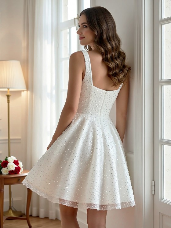 APJbridal Vintage Deep V-Neck Alençon Lace Tea Length A-Line Wedding Dress with Cap Sleeves for Outdoor Ceremony