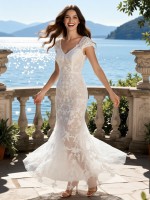 APJbridal Sexy Deep V-Neck Cap Sleeve Lace Mermaid Wedding Dress | Romantic Floral Lace Floor-Length Bridal Gown for Beach & Garden Weddings