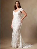 APJbridal Sexy Deep V-Neck Cap Sleeve Lace Mermaid Wedding Dress | Romantic Floral Lace Floor-Length Bridal Gown for Beach & Garden Weddings