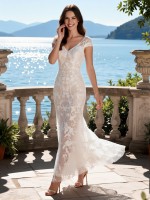 APJbridal Sexy Deep V-Neck Cap Sleeve Lace Mermaid Wedding Dress | Romantic Floral Lace Floor-Length Bridal Gown for Beach & Garden Weddings