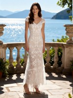 APJbridal Sexy Deep V-Neck Cap Sleeve Lace Mermaid Wedding Dress | Romantic Floral Lace Floor-Length Bridal Gown for Beach & Garden Weddings