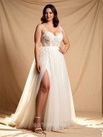 APJ Bridal 浪漫心形领蕾丝A字高开叉婚纱 | 法式波西米亚风主婚纱