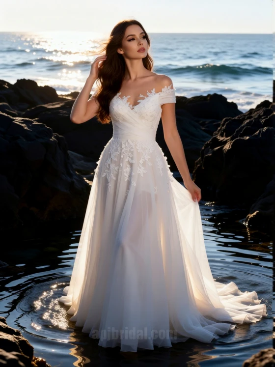 Romantic Off-the-Shoulder Lace Applique A-Line Wedding Dress | Sweetheart Neck High Slit Tulle Train Bridal Gown for Beach & Outdoor Weddings