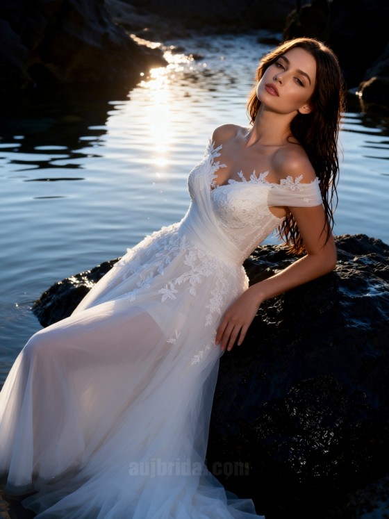 APJbridal Romantic Off-the-Shoulder Lace Applique A-Line Wedding Dress | Sweetheart Neck High Slit Tulle Train Bridal Gown for Beach & Outdoor Weddings