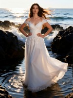 APJbridal Romantic Off-the-Shoulder Lace Applique A-Line Wedding Dress | Sweetheart Neck High Slit Tulle Train Bridal Gown for Beach & Outdoor Weddings