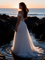 APJbridal Romantic Off-the-Shoulder Lace Applique A-Line Wedding Dress | Sweetheart Neck High Slit Tulle Train Bridal Gown for Beach & Outdoor Weddings