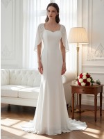 APJ Bridal Minimalist Square Neck Column Wedding Dress | Heavy Satin Sheath Gown with Draped Sleeves & Chapel Train