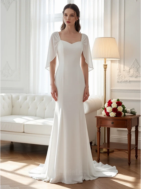 Minimalist Square Neck Column Wedding Dress | Heavy Satin Sheath Gown with Draped Sleeves & Chapel Train
