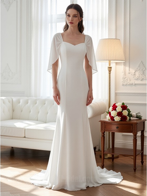 APJ Bridal Minimalist Square Neck Column Wedding Dress | Heavy Satin Sheath Gown with Draped Sleeves & Chapel Train