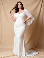 APJ Bridal Minimalist Square Neck Column Wedding Dress | Heavy Satin Sheath Gown with Draped Sleeves & Chapel Train