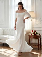 APJ Bridal Minimalist Square Neck Column Wedding Dress | Heavy Satin Sheath Gown with Draped Sleeves & Chapel Train