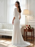 APJ Bridal Minimalist Square Neck Column Wedding Dress | Heavy Satin Sheath Gown with Draped Sleeves & Chapel Train
