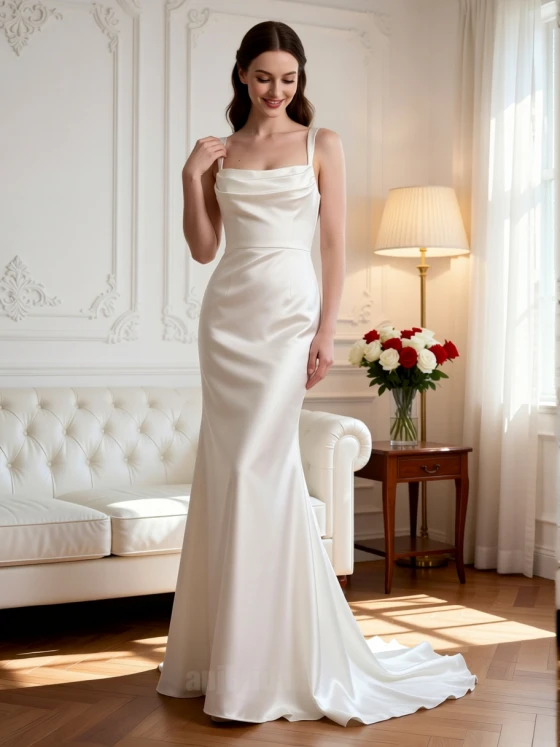 Minimalist Satin Square Neck Column Wedding Dress with Draped Flutter Sleeves & Sweep Train