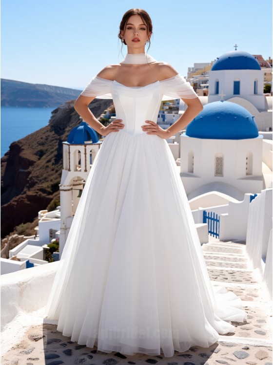 APJ Bridal Romantic Off-Shoulder Choker A-Line Tulle Wedding Dress - Lightweight Ball Gown for Destination Weddings