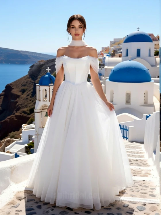 Romantic Off-Shoulder Choker A-Line Tulle Wedding Dress - Lightweight Ball Gown for Destination Weddings