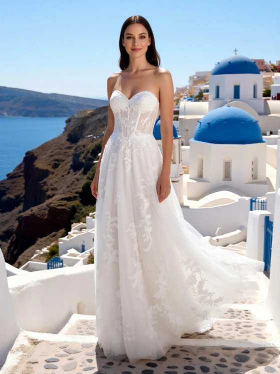 Custom Romantic Strapless Sweetheart A-Line Lace Wedding Gown - Destination Wedding Exclusive