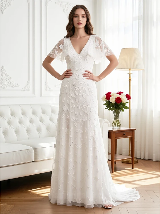 Romantic V-Neck Flutter Sleeve A-Line Wedding Dress with 3D Floral Lace Appliqué and Sweep Train