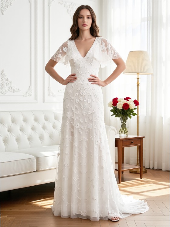 APJ Bridal Romantic V-Neck Flutter Sleeve A-Line Wedding Dress with 3D Floral Lace Appliqué and Sweep Train