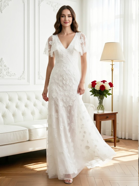 APJ Bridal Romantic V-Neck Flutter Sleeve A-Line Wedding Dress with 3D Floral Lace Appliqué and Sweep Train