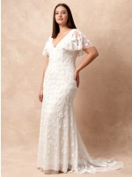 APJ Bridal 浪漫V领荷叶袖A字婚纱 - 3D立体花卉蕾丝与小拖尾设计