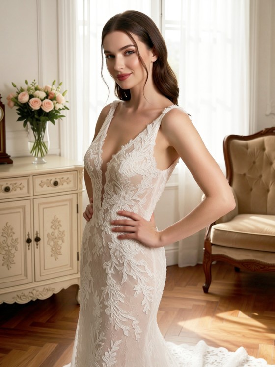 APJbridal Custom-Made Deep V-Neck Mermaid Lace Wedding Dress | Romantic Vintage Bridal Gown for Church & Manor Weddings