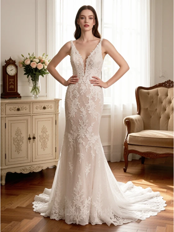 Custom-Made Deep V-Neck Mermaid Lace Wedding Dress | Romantic Vintage Bridal Gown for Church & Manor Weddings