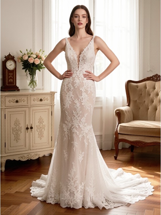 APJbridal Custom-Made Deep V-Neck Mermaid Lace Wedding Dress | Romantic Vintage Bridal Gown for Church & Manor Weddings