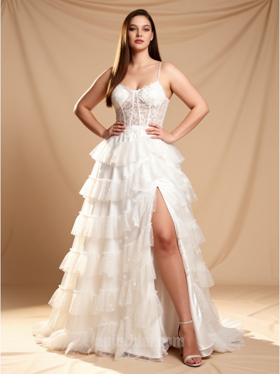 APJbridal Romantic V-Neck Flutter Sleeve A-Line Wedding Dress with 3D Floral Lace & Sweep Train | Custom Made Bridal Gown