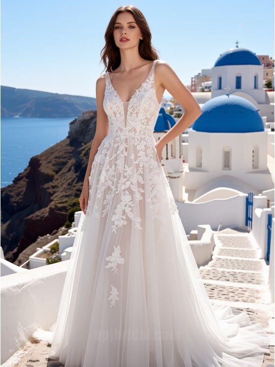 APJ Bridal Elegant V-Neck Satin Sheath Wedding Dress | Minimalist Column Gown with Lace Appliqués & Court Train