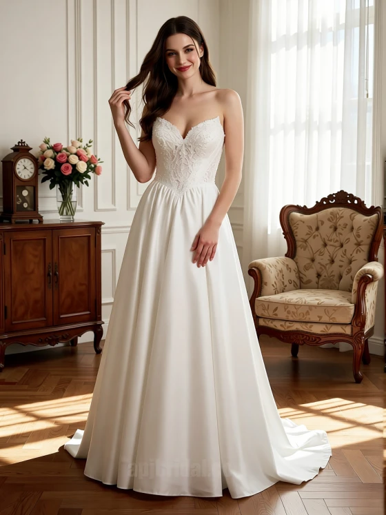 Timeless V-Neck A-Line Wedding Dress | Romantic 3/4 Lace Sleeve Bridal Gown with Chapel Train