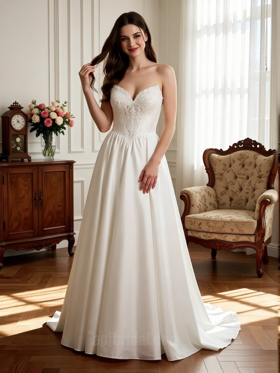 APJ Bridal Timeless V-Neck A-Line Wedding Dress | Romantic 3/4 Lace Sleeve Bridal Gown with Chapel Train